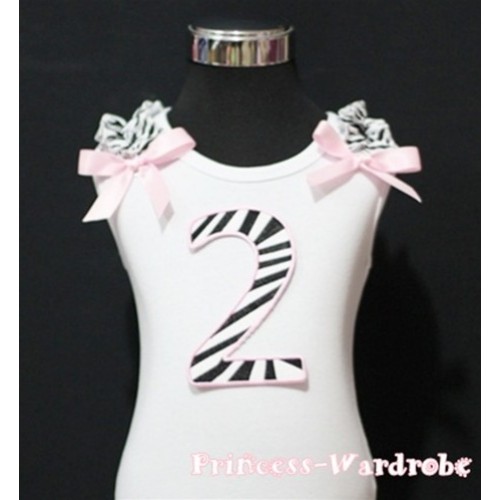 2nd Birthday White Tank Top with Light Pink Zebra Print number with Light Pink Ribbon and Zebra ruffles TM72 