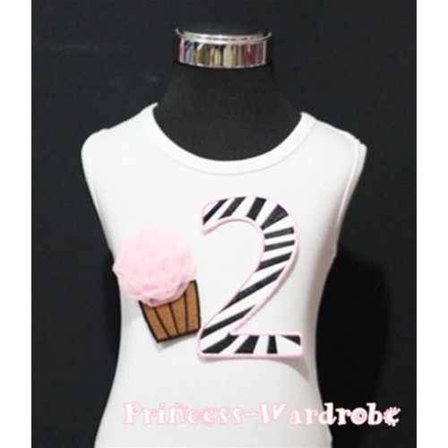 2nd Birthday White Tank Top with Light Pink Zebra Print number and Light Pink Rosettes Cupcake TM77 