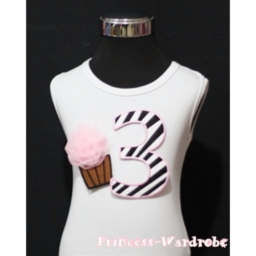 3rd Birthday White Tank Top with Light Pink Zebra Print number and Light Pink Rosettes Cupcake TM79 