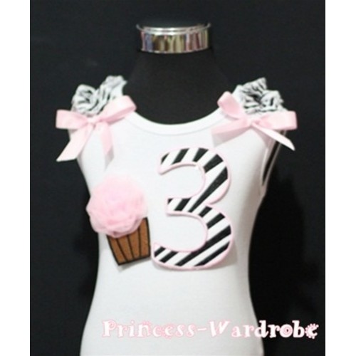 3rd Birthday White Tank Top with Light Pink Zebra Print number and Light Pink Rosettes Cupcake and Light Pink Ribbon, Zebra Ruffles TM80 