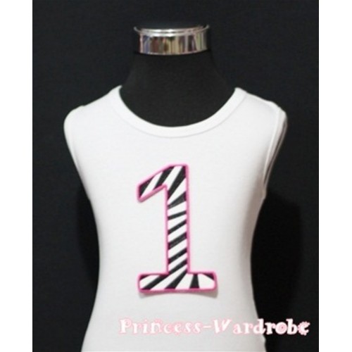 1st Birthday White Tank Top with Hot Pink Zebra Print number TM81 