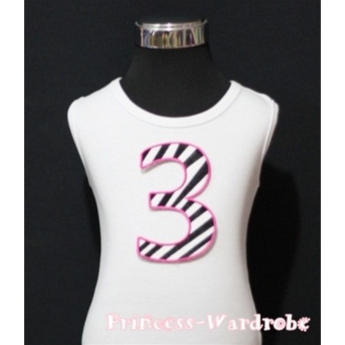 3rd Birthday White Tank Top with Hot Pink Zebra Print number TM85 