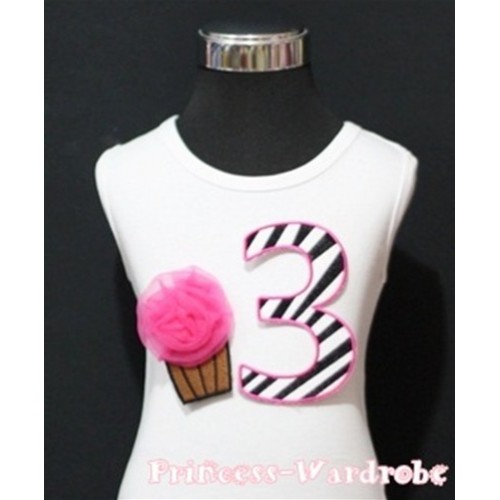 3rd Birthday White Tank Top with Hot Pink Zebra Print number and Hot Pink Rosettes Cupcake TM91 