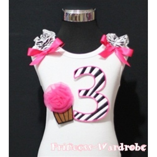 3rd Birthday White Tank Top with Hot Pink Zebra Print number and Hot Pink Rosettes Cupcake and Hot Pink Ribbon, Zebra Ruffles TM92 