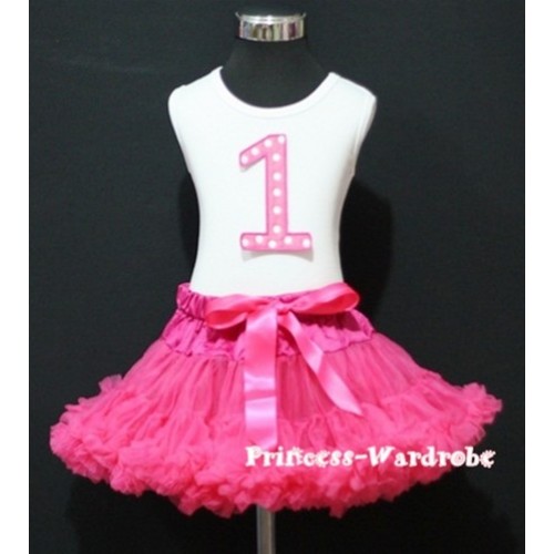 White Tank Top & 1st Birthday Hot Pink White Polka Dots Print number with Hot Pink Pettiskirt MM25 