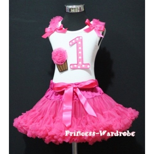 White Tank Top & 1st Birthday Hot Pink White Polka Dots Print number & Hot Pink Rosettes Cupcake & Hot Pink Ruffles & Hot Pink Ribbon with Hot Pink Pettiskirt MM34 
