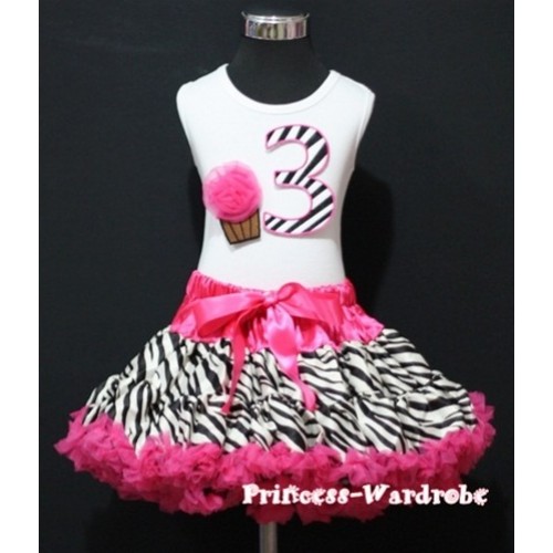White Tank Top & 3rd Birthday Hot Pink Zebra Print number & Hot Pink Rosettes Cupcake with Hot Pink Zebra Pettiskirt MM45 