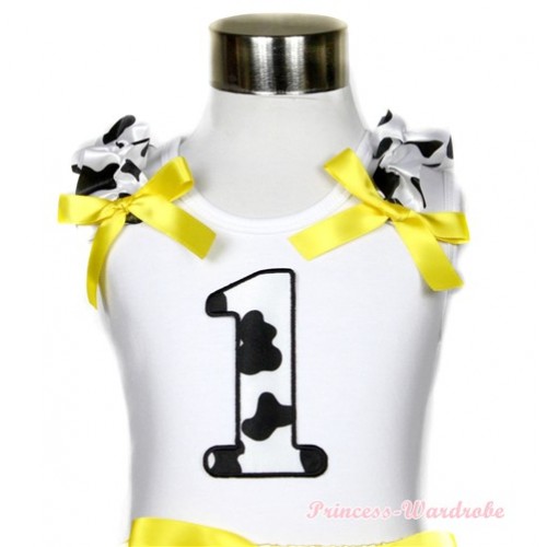White Tank Top With 1st Milk Cow Birthday Number Print with Milk Cow Ruffles & Yellow Bow TB390 