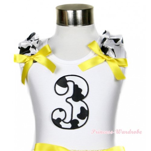White Tank Top With 3rd Milk Cow Birthday Number Print with Milk Cow Ruffles & Yellow Bow TB392 
