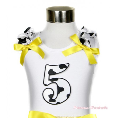 White Tank Top With 5th Milk Cow Birthday Number Print with Milk Cow Ruffles & Yellow Bow TB394 
