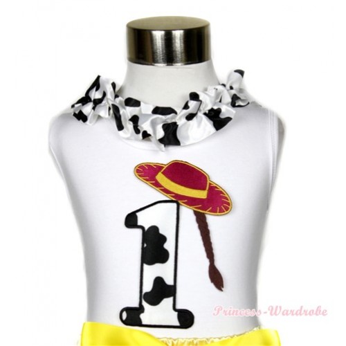 White Tank Tops with 1st Cowgirl Hat Braid Milk Cow Birthday Number Print with Milk Cow Satin Lacing TB397 