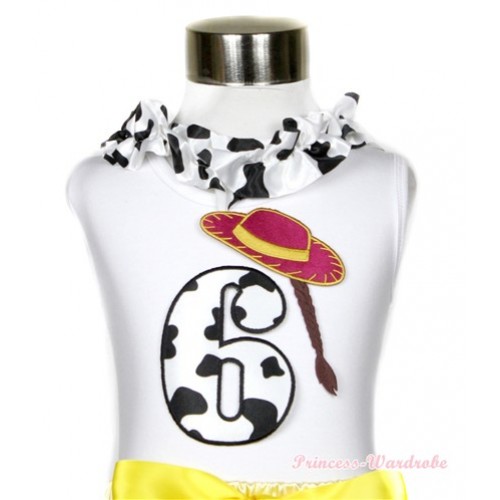 White Tank Tops with 6th Cowgirl Hat Braid Milk Cow Birthday Number Print with Milk Cow Satin Lacing TB402 