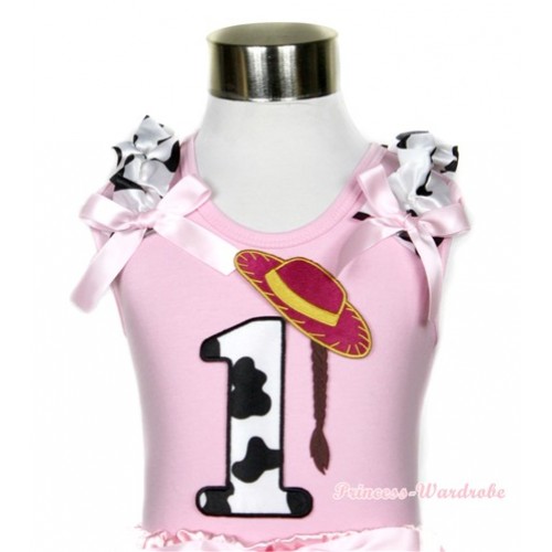 Light Pink Tank Top With 1st Cowgirl Hat Braid Milk Cow Birthday Number Print With Milk Cow Ruffles & Light Pink Bows TP51 