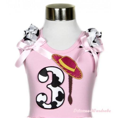 Light Pink Tank Top With 3rd Cowgirl Hat Braid Milk Cow Birthday Number Print With Milk Cow Ruffles & Light Pink Bows TP53 