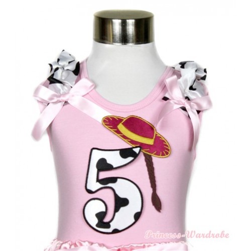 Light Pink Tank Top With 5th Cowgirl Hat Braid Milk Cow Birthday Number Print With Milk Cow Ruffles & Light Pink Bows TP55 
