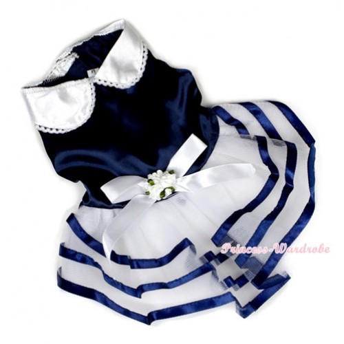 Royal Blue Satin Dress Rosettes Bow Blue White Striped Gauze Skirt Sleeveless Pet Dress DC019 
