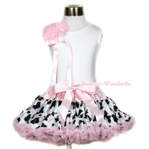 White Tank Top With a Bunch of Light Pink Rosettes& Light Pink Bow With Light Pink Milk Cow Pettiskirt MG637 