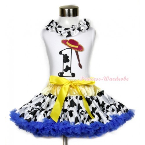 White Tank Top With Milk Cow Satin Lacing & 1st Cowgirl Hat Braid Milk Cow Birthday Number Print With Yellow Royal Blue Milk Cow Pettiskirt MG640 