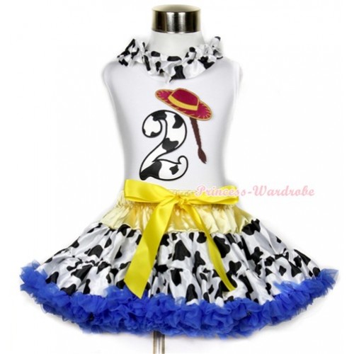 White Tank Top With Milk Cow Satin Lacing & 2nd Cowgirl Hat Braid Milk Cow Birthday Number Print With Yellow Royal Blue Milk Cow Pettiskirt MG641 