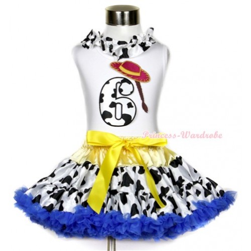 White Tank Top With Milk Cow Satin Lacing & 6th Cowgirl Hat Braid Milk Cow Birthday Number Print With Yellow Royal Blue Milk Cow Pettiskirt MG645 
