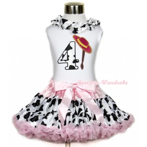 White Tank Top With Milk Cow Satin Lacing & 4th Cowgirl Hat Braid Milk Cow Birthday Number Print With Light Pink Milk Cow Pettiskirt MG649 