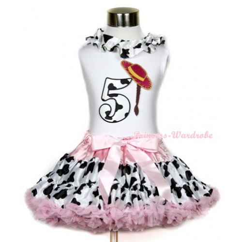 White Tank Top With Milk Cow Satin Lacing & 5th Cowgirl Hat Braid Milk Cow Birthday Number Print With Light Pink Milk Cow Pettiskirt MG650 