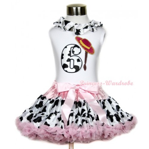 White Tank Top With Milk Cow Satin Lacing & 6th Cowgirl Hat Braid Milk Cow Birthday Number Print With Light Pink Milk Cow Pettiskirt MG651 