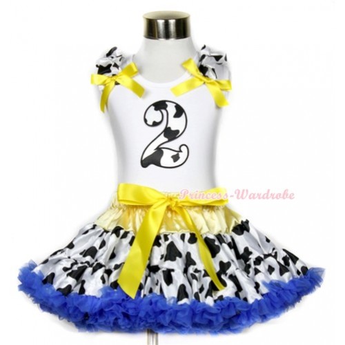 White Tank Top with 2nd Milk Cow Birthday Number Print with Milk Cow Ruffles & Yellow Bow & Yellow Royal Blue Milk Cow Pettiskirt MG653 