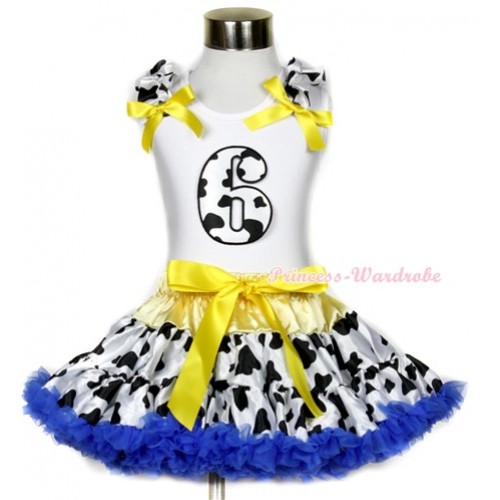 White Tank Top with 6th Milk Cow Birthday Number Print with Milk Cow Ruffles & Yellow Bow & Yellow Royal Blue Milk Cow Pettiskirt MG657 
