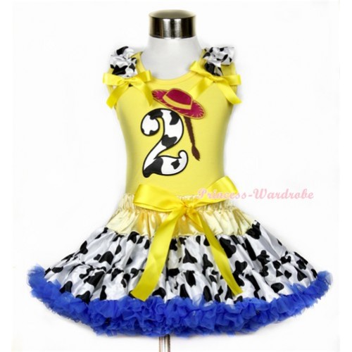 Yellow Tank Top with 2nd Cowgirl Hat Braid Milk Cow Birthday Number Print with Milk Cow Ruffles & Yellow Bow & Yellow Royal Blue Milk Cow Pettiskirt M533 