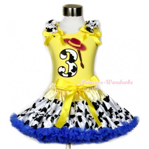 Yellow Tank Top with 3rd Cowgirl Hat Braid Milk Cow Birthday Number Print with Milk Cow Ruffles & Yellow Bow & Yellow Royal Blue Milk Cow Pettiskirt M534 