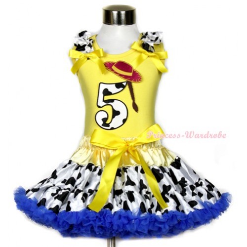 Yellow Tank Top with 5th Cowgirl Hat Braid Milk Cow Birthday Number Print with Milk Cow Ruffles & Yellow Bow & Yellow Royal Blue Milk Cow Pettiskirt M536 