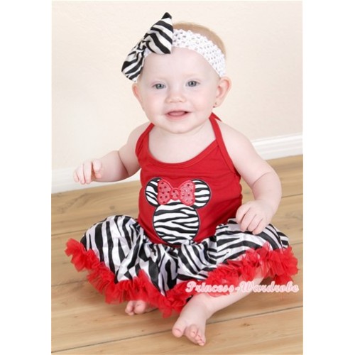 Hot Red Baby Halter Jumpsuit Red Zebra Pettiskirt With Zebra Minnie Print With White Headband Zebra Satin Bow JS1222 