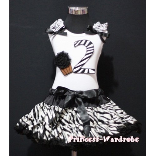 White Tank Top & 2nd Birthday Black Zebra Print Number & Black Rosettes Cupcake & Zebra Ruffles & Black Ribbon with Black Zebra Pettiskirt MM65 