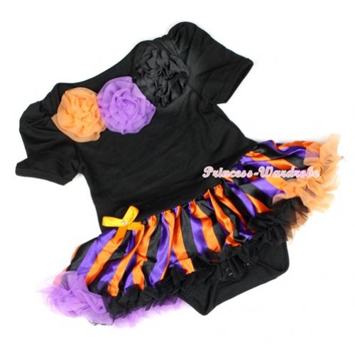 Halloween Black Baby Jumpsuit Dark Purple Orange Black Striped Pettiskirt with Orange Dark Purple Black Rosettes JS1227 