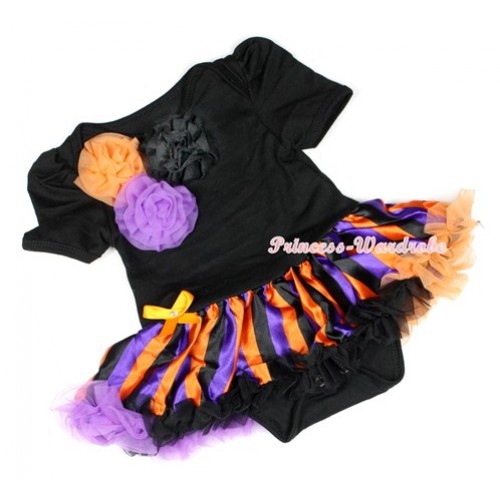 Halloween Black Baby Jumpsuit Orange Dark Purple Black Striped Pettiskirt with Bunch of Orange Dark Purple Black Rosettes JS1229 