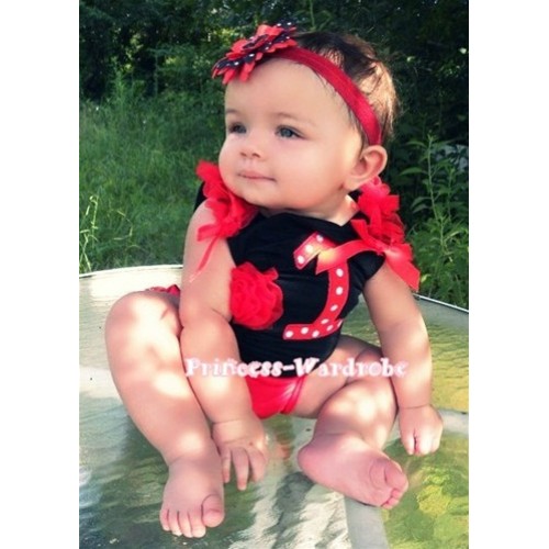 1st Birthday Black Tank Top with Red White Polka Dots Print number and Red Rosettes Cupcake and red Ribbon, Ruffles TM94 