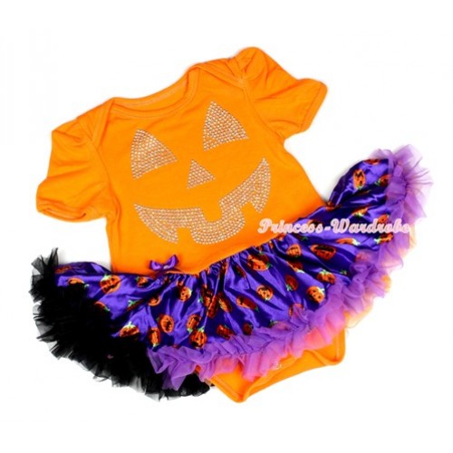 Halloween Orange Baby Jumpsuit Dark Purple Orange Black Pumpkin Pettiskirt with Sparkle Crystal Glitter Pumpkin Print JS1231 