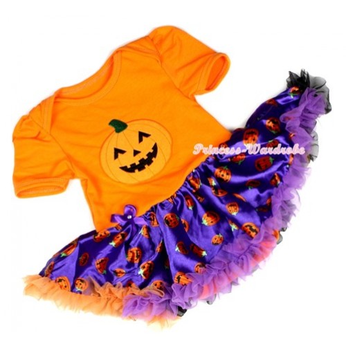Halloween Orange Baby Jumpsuit Dark Purple Orange Black Pumpkin Pettiskirt with Pumpkin Print JS1232 