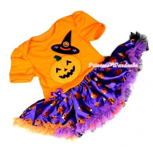 Halloween Orange Baby Jumpsuit Dark Purple Orange Black Pumpkin Pettiskirt with Pumpkin Witch Hat & Pumpkin Print JS1233 