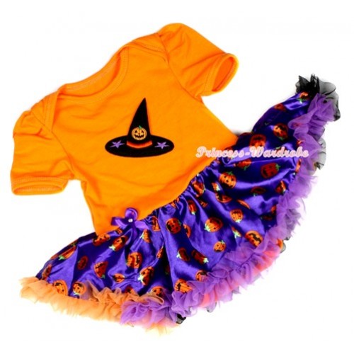 Halloween Orange Baby Jumpsuit Dark Purple Orange Black Pumpkin Pettiskirt with Pumpkin Witch Hat Print JS1234 