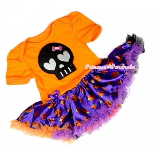 Halloween Orange Baby Jumpsuit Dark Purple Orange Black Pumpkin Pettiskirt with Black Skeleton Print JS1235 