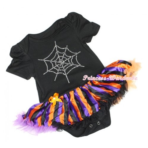 Halloween Black Baby Jumpsuit Dark Purple Orange Black Striped Pettiskirt with Sparkle Crystal Glitter Spider Web Print JS1236 