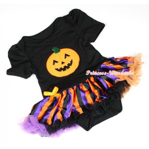 Halloween Black Baby Jumpsuit Dark Purple Orange Black Striped Pettiskirt with Pumpkin Print JS1237 