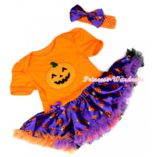 Halloween Orange Baby Jumpsuit Dark Purple Orange Black Pumpkin Pettiskirt With Pumpkin Print With Orange Headband Dark Purple Pumpkin Satin Bow JS1249 