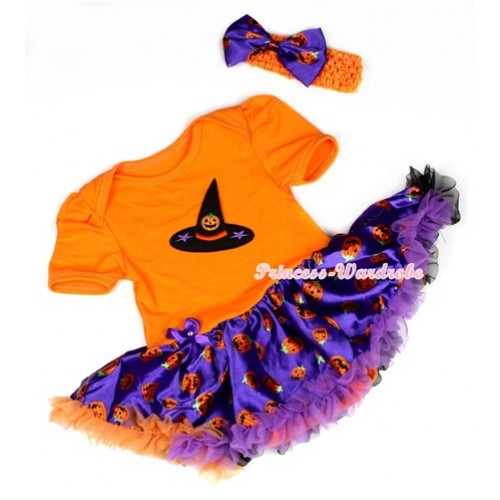 Halloween Orange Baby Jumpsuit Dark Purple Orange Black Pumpkin Pettiskirt With Pumpkin Witch Hat Print With Orange Headband Dark Purple Pumpkin Satin Bow JS1251 