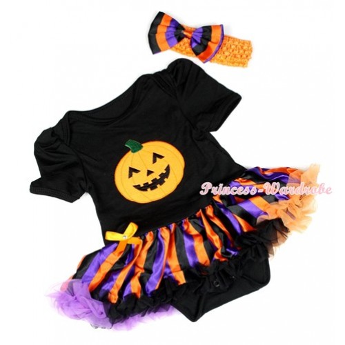 Halloween Black Baby Jumpsuit Dark Purple Orange Black Striped Pettiskirt With Pumpkin Print With Orange Headband Dark Purple Orange Black Striped Satin Bow JS1253 