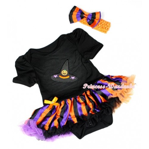 Halloween Black Baby Jumpsuit Dark Purple Orange Black Striped Pettiskirt With Pumpkin Witch Hat Print With Orange Headband Dark Purple Orange Black Striped Satin Bow JS1255 