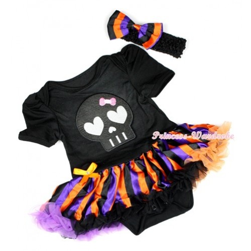 Halloween Black Baby Jumpsuit Dark Purple Orange Black Striped Pettiskirt With Black Skeleton Print With Black Headband Dark Purple Orange Black Striped Satin Bow JS1257 