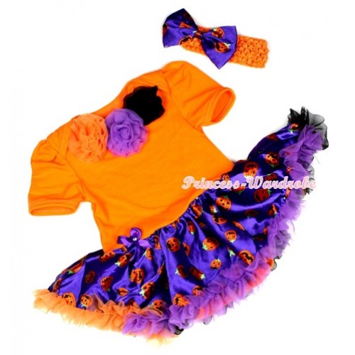 Halloween Orange Baby Jumpsuit Dark Purple Orange Black Pumpkin Pettiskirt With Orange Dark Purple Black Rosettes With Orange Headband Dark Purple Pumpkin Satin Bow JS1242 